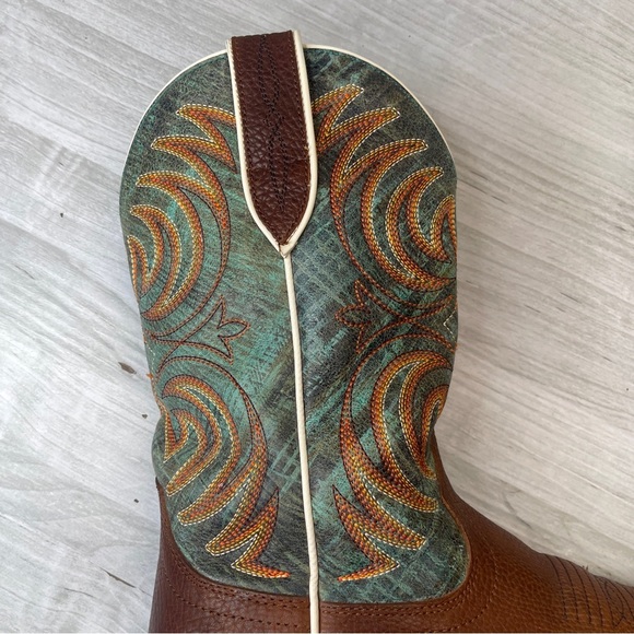 Ariat Brown Teal Leather Wide Square Toe Western Cowboy Boot Men’s Size 8.5D - Picture 12 of 15